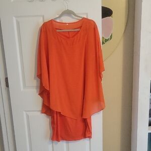 Vibrant Orange spagetti strap under with scarf overlay Layered Dress Sz3XL